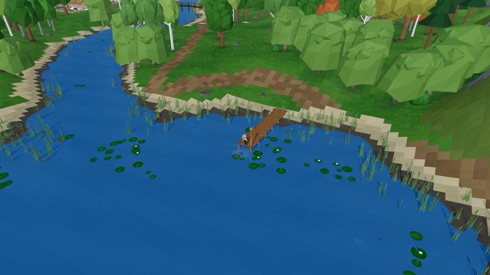 A wooden jetty on a blue lake with lily pads