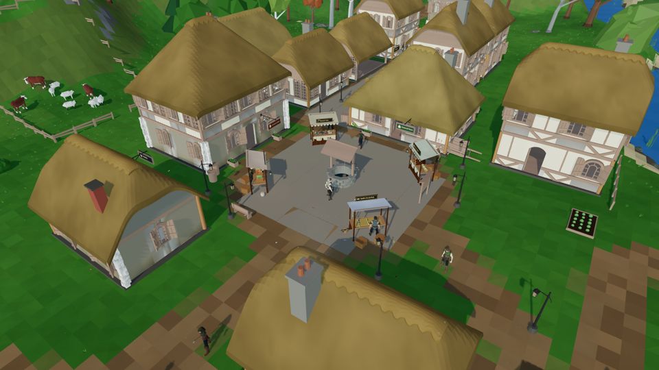 Willowmere's market square with thatched cottages and stalls